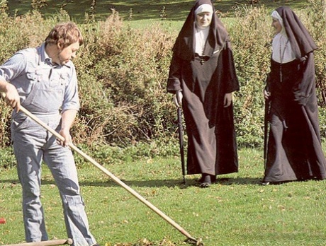 Perverted nuns getting involved in a kinky vintage 3some with an older dude