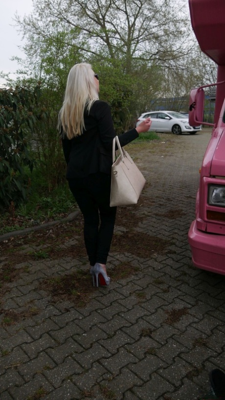 Hot German pornstar gives head and rides a long old dick in a pink trailer